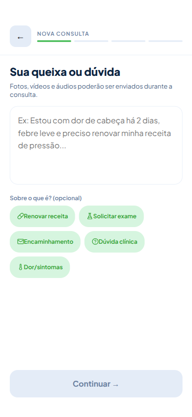 Tela para descrever a queixa no aplicativo do paciente FalaDoc, com atalhos para os motivos mais comuns