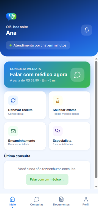 Tela inicial do aplicativo do paciente FalaDoc, com o atalho para consulta imediata e o histórico de atendimentos